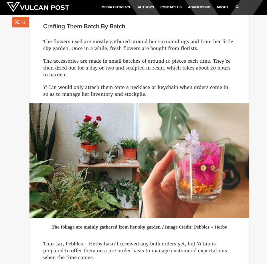 screenshot of pebbles + herbs article coverage in vulcan post with image of flowers and plants